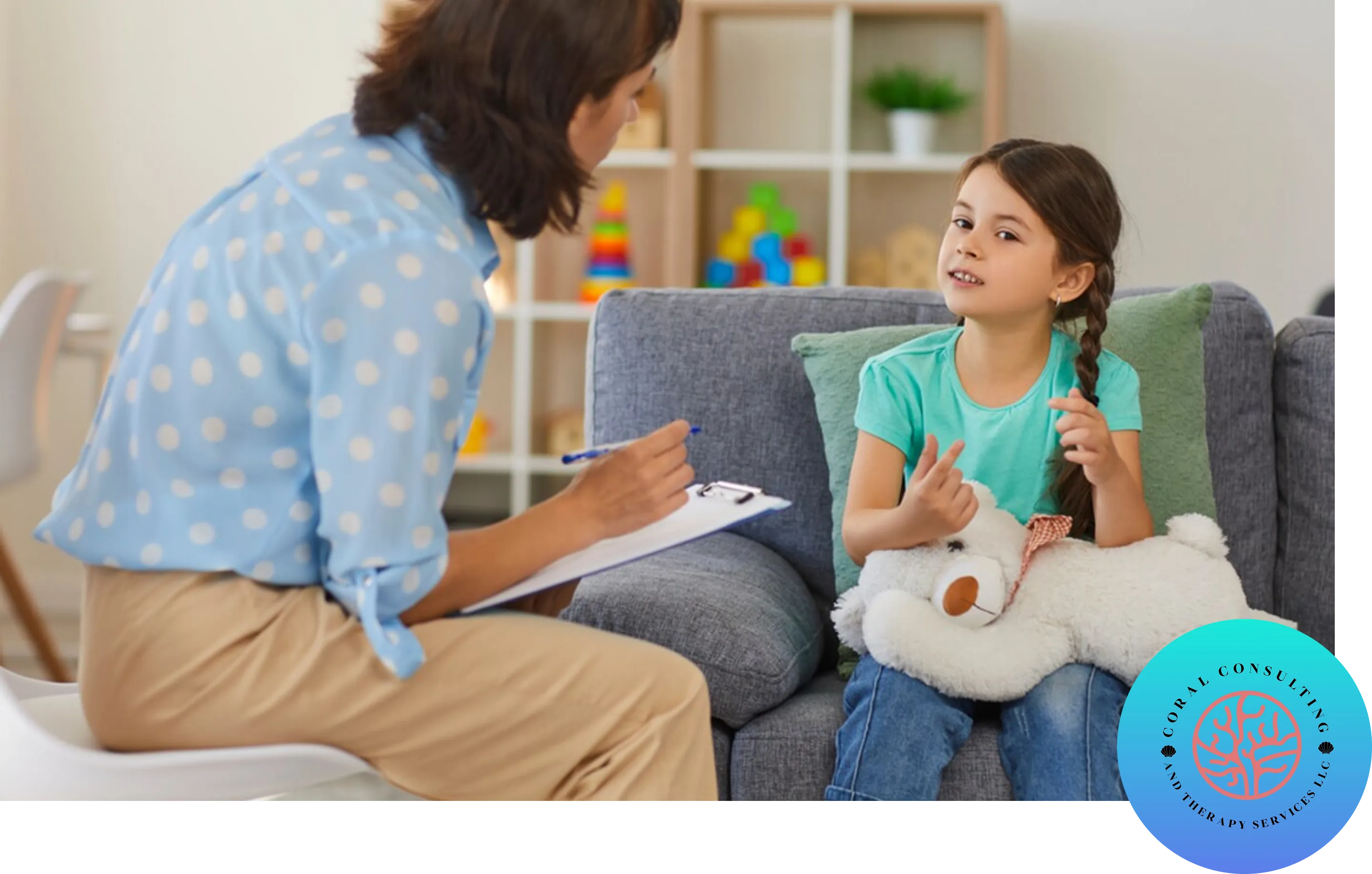 Child talking to therapist during a counseling session.