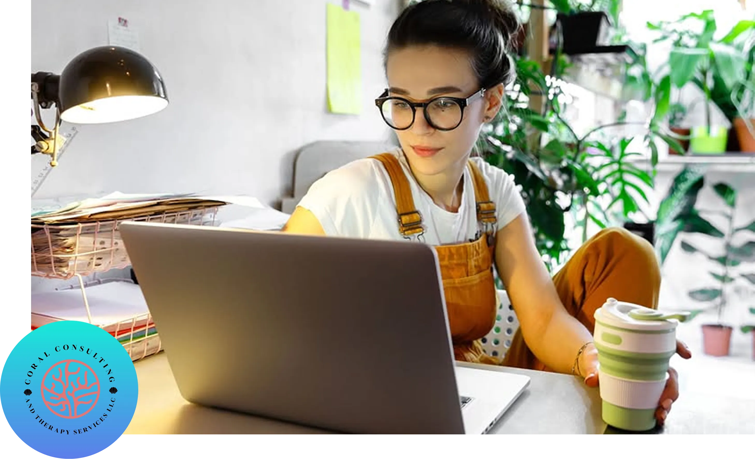 Young woman working on a laptop in a cozy, plant-filled room.